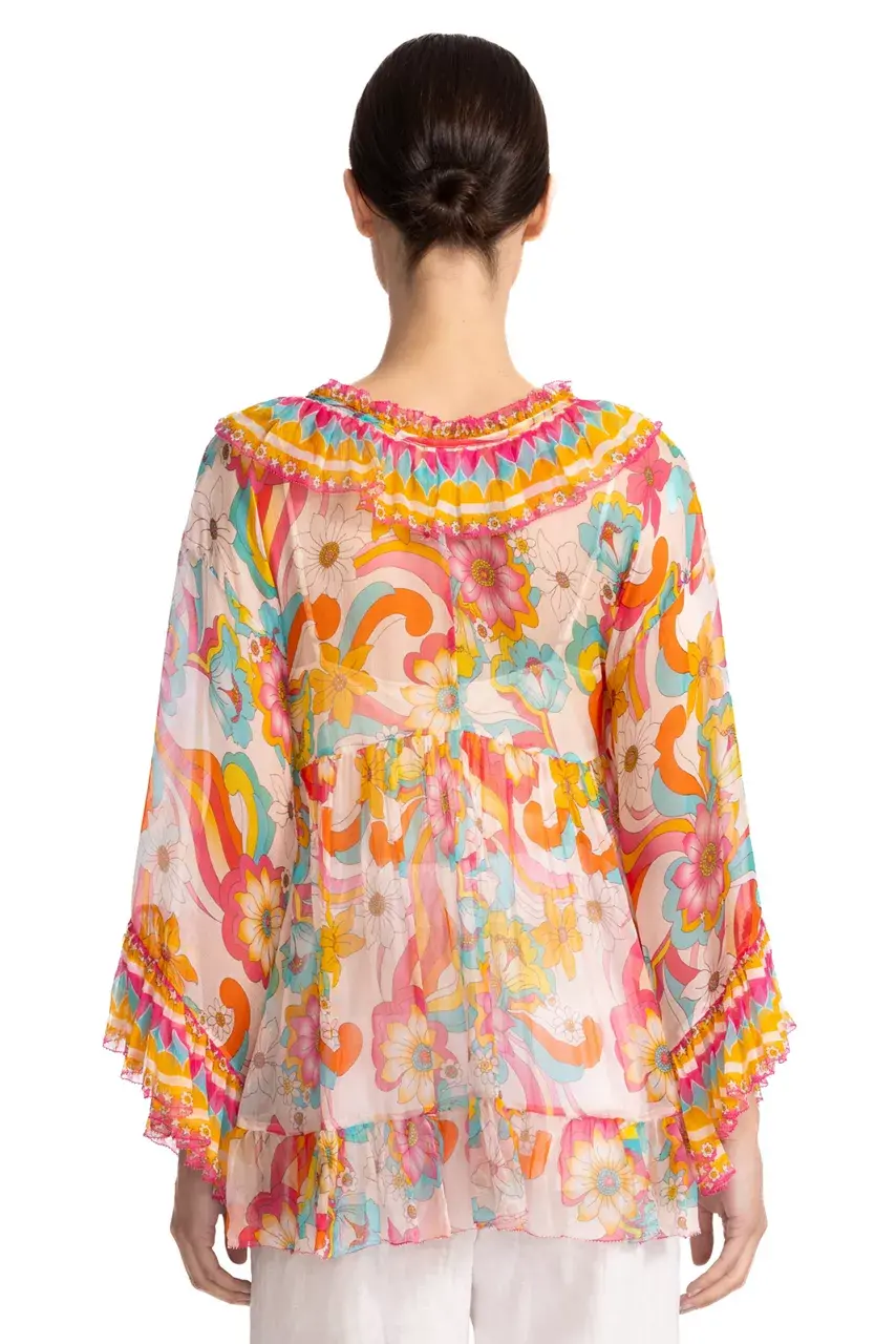 Johnny Was GAL RUFFLE TIE BLOUSE Prismatic Dream