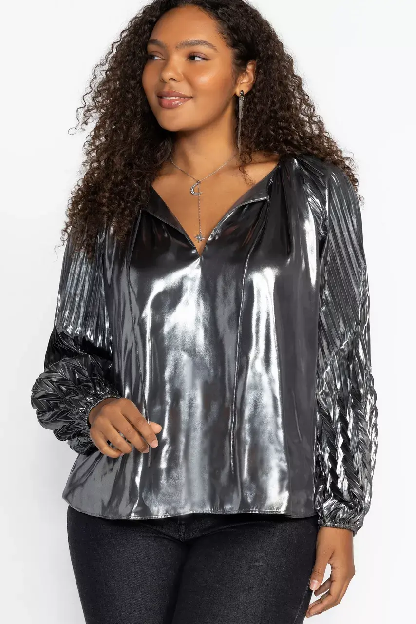 Johnny Was GEMMA PLEATED BLOUSE Silver