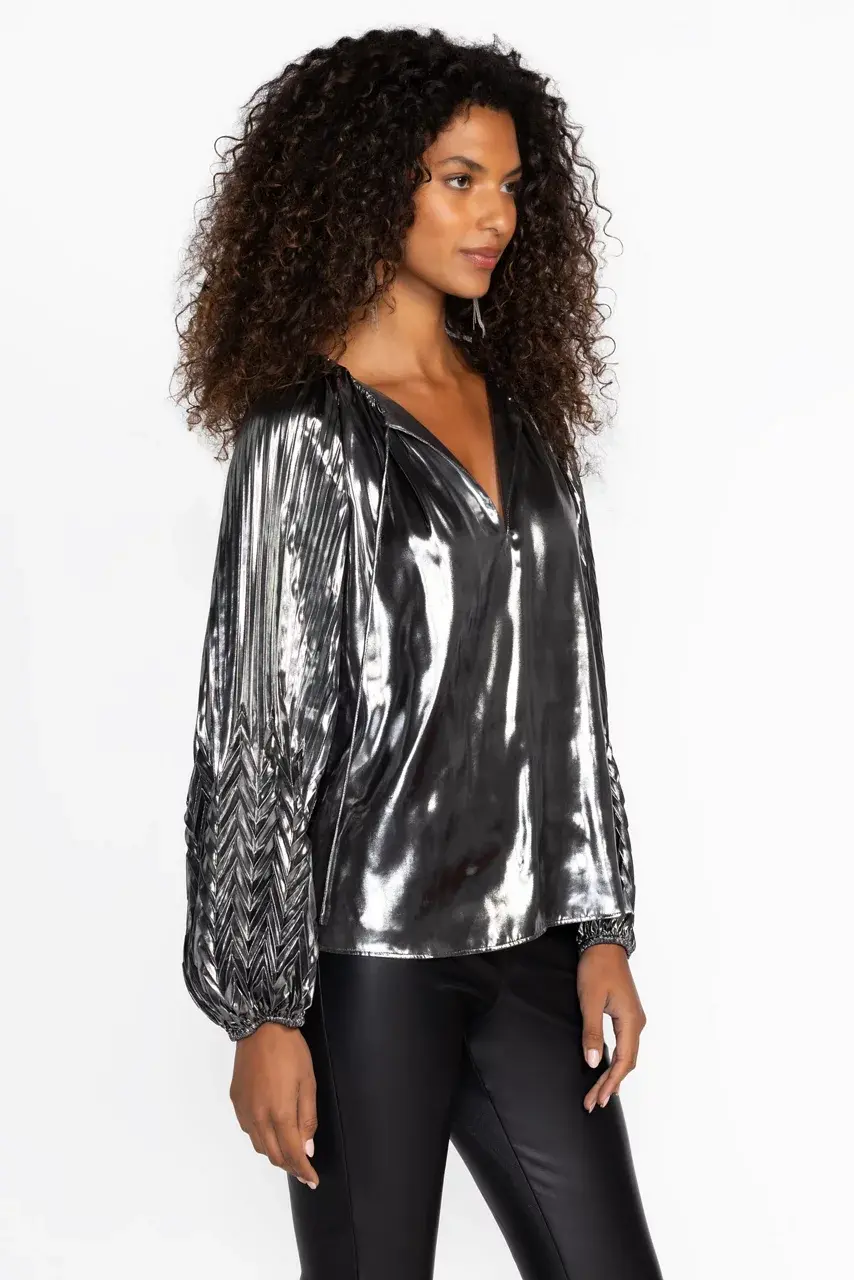 Johnny Was GEMMA PLEATED BLOUSE Silver