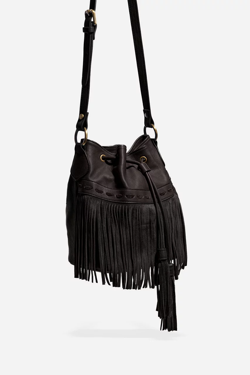 Johnny Was ITALIAN LEATHER FRINGE BUCKET BAG Black