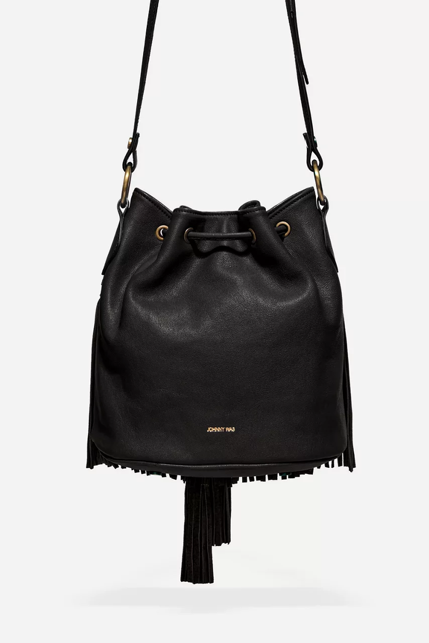 Johnny Was ITALIAN LEATHER FRINGE BUCKET BAG Black