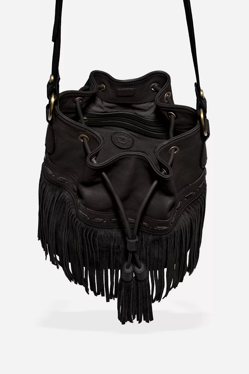 Johnny Was ITALIAN LEATHER FRINGE BUCKET BAG Black
