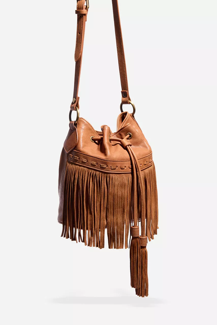 Johnny Was ITALIAN LEATHER FRINGE BUCKET BAG Tan
