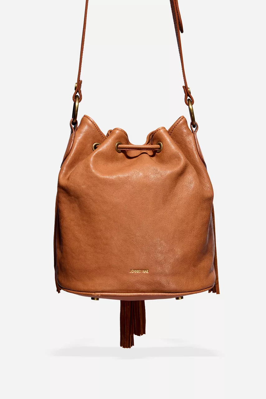 Johnny Was ITALIAN LEATHER FRINGE BUCKET BAG Tan