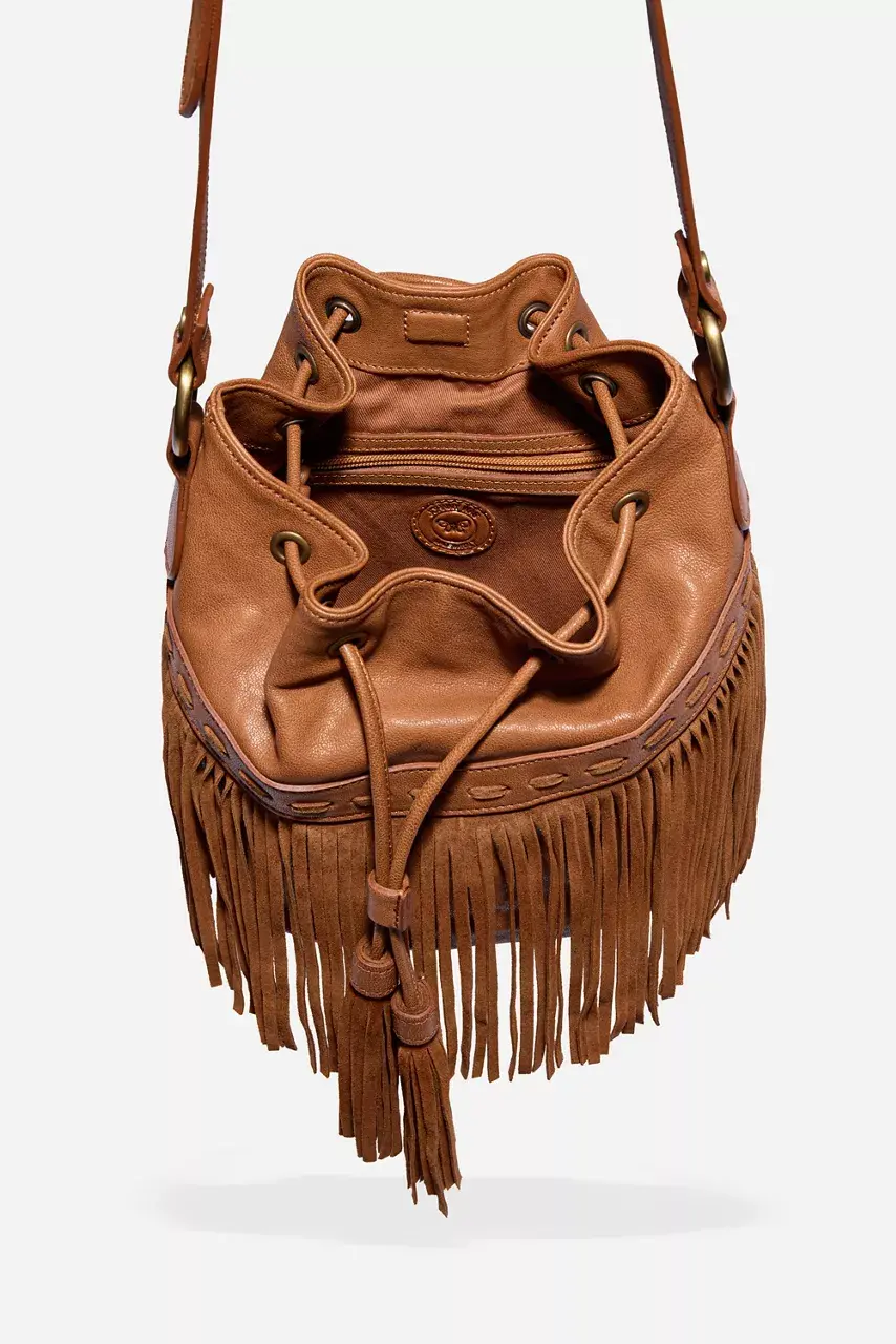 Johnny Was ITALIAN LEATHER FRINGE BUCKET BAG Tan