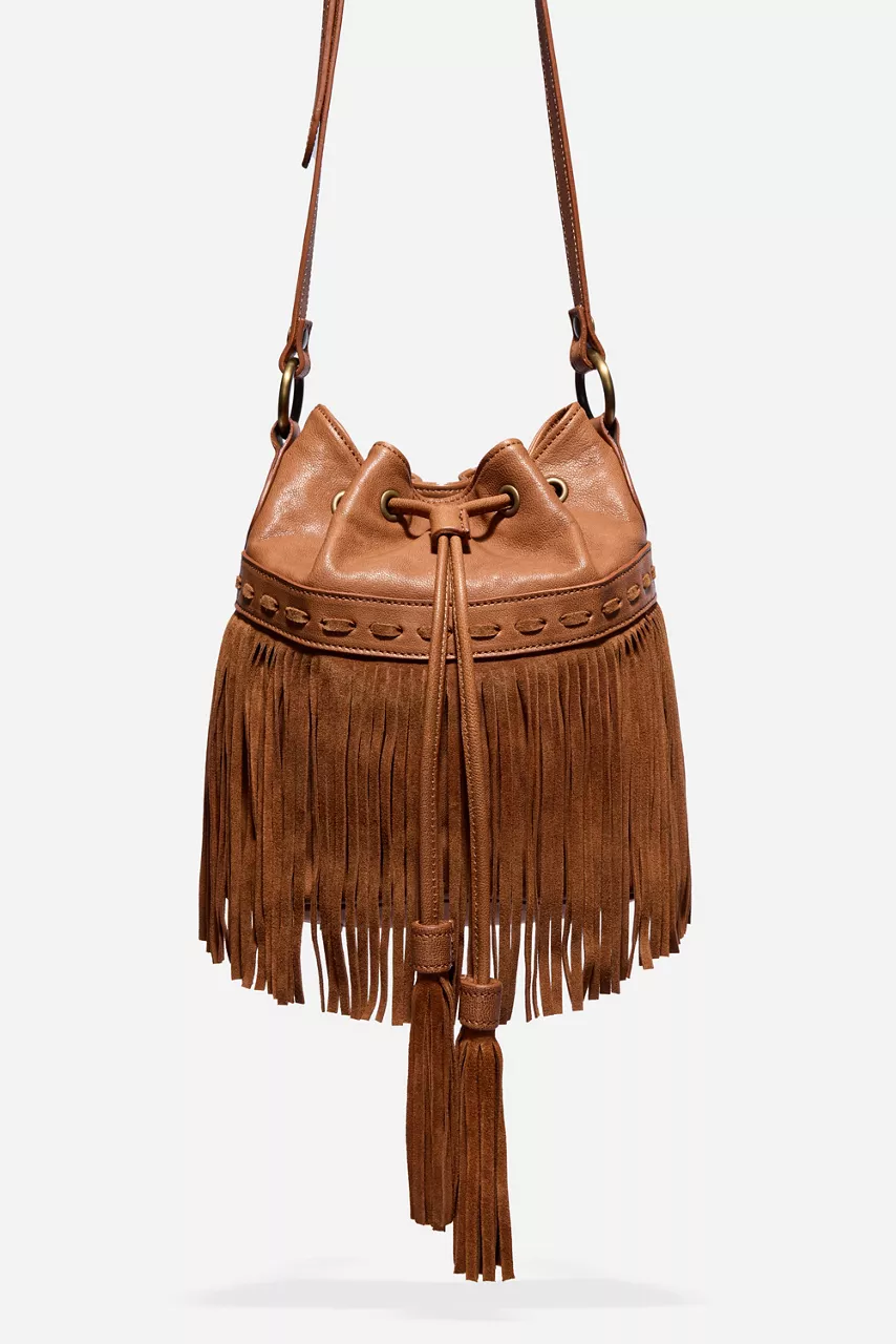 johnny was ITALIAN LEATHER FRINGE BUCKET BAG Tan