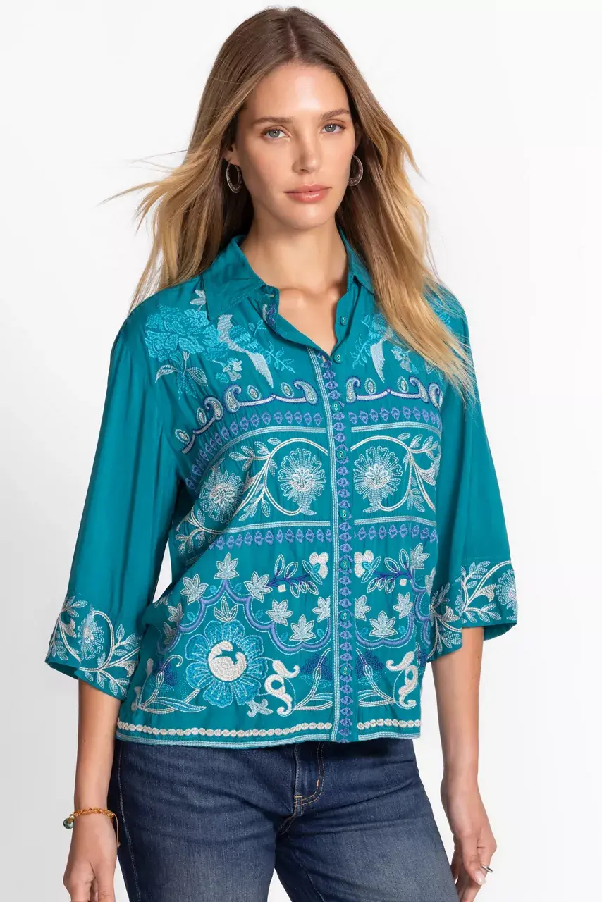 Johnny Was KIMONO SLEEVE SHIRT Deep Lake