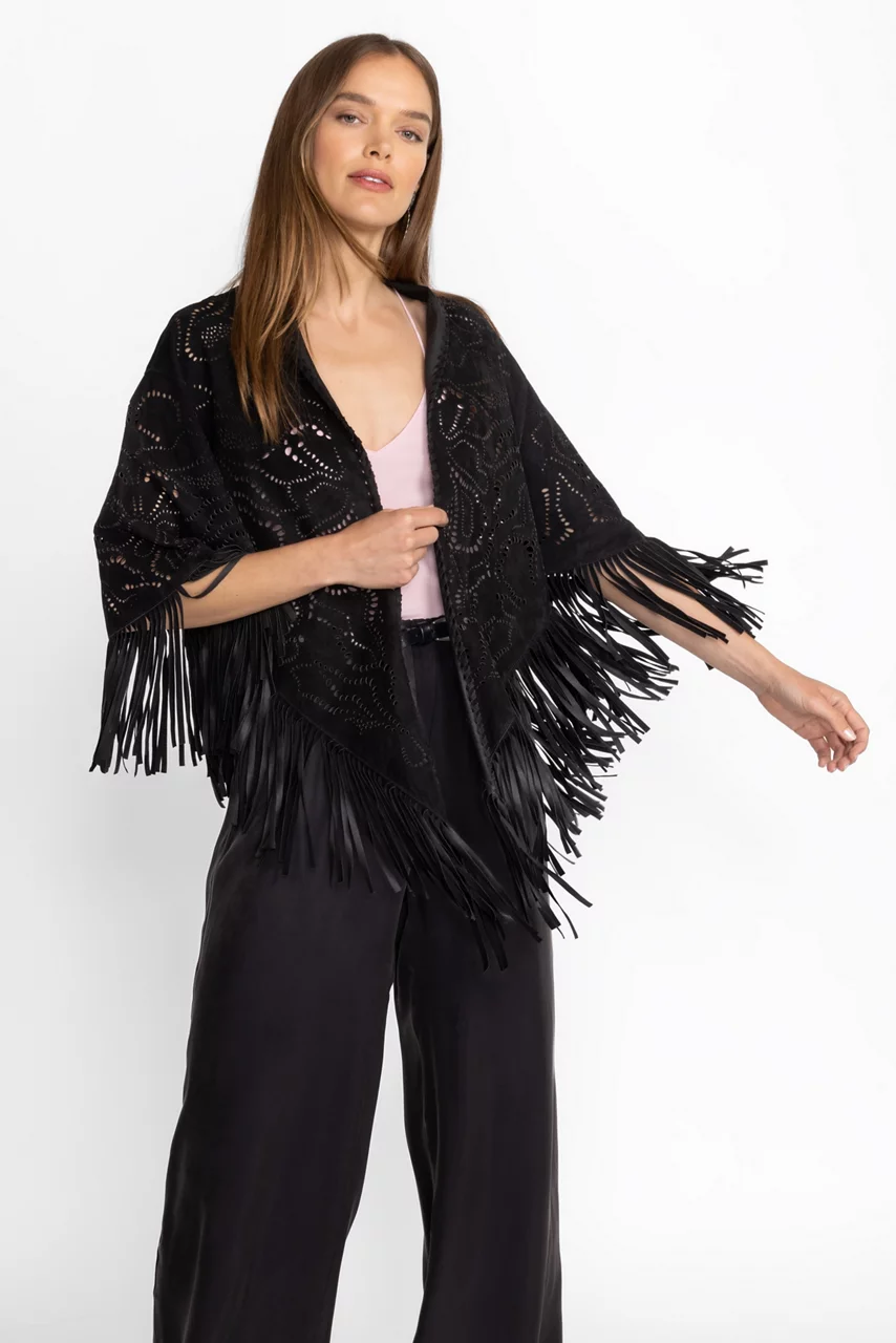 Johnny Was LASER CUT ITALIAN SUEDE PONCHO Black