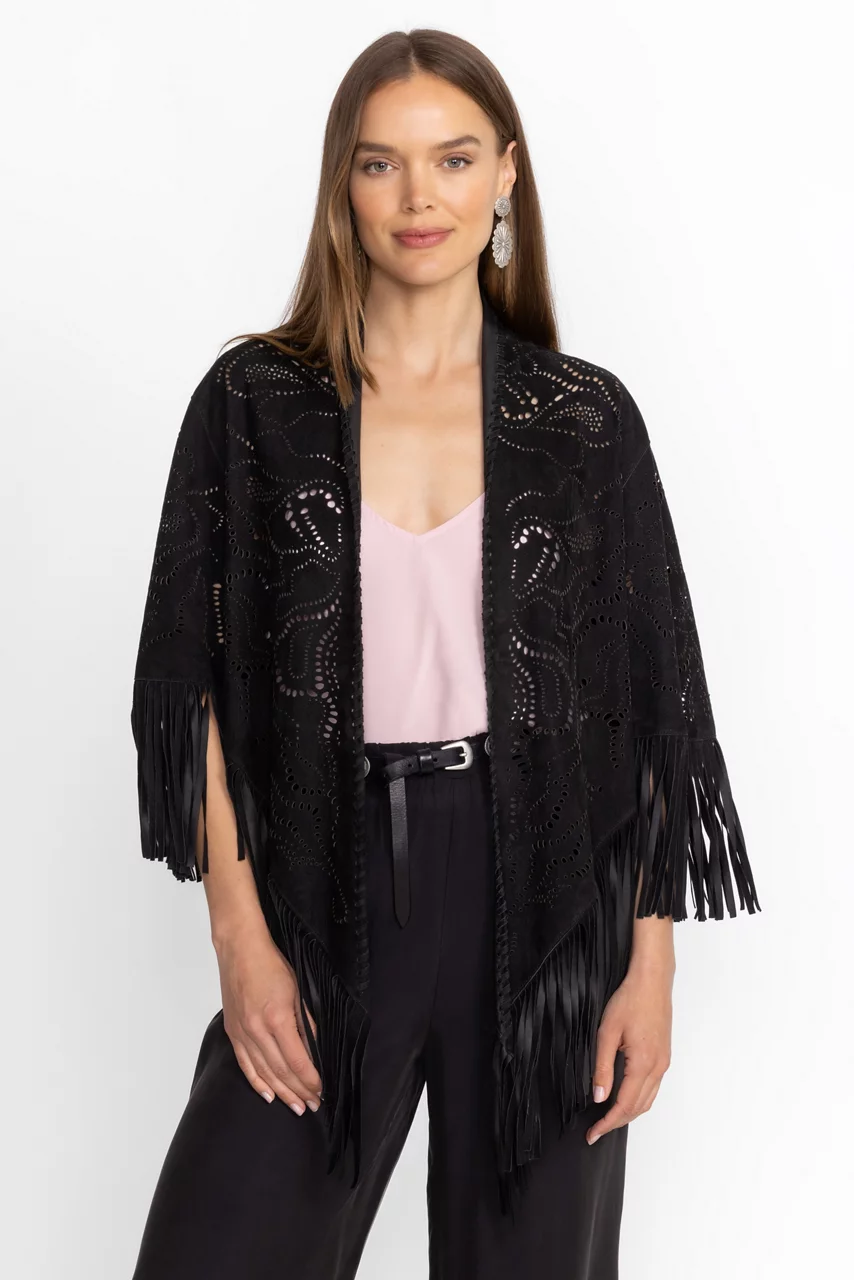 Johnny Was LASER CUT ITALIAN SUEDE PONCHO Black