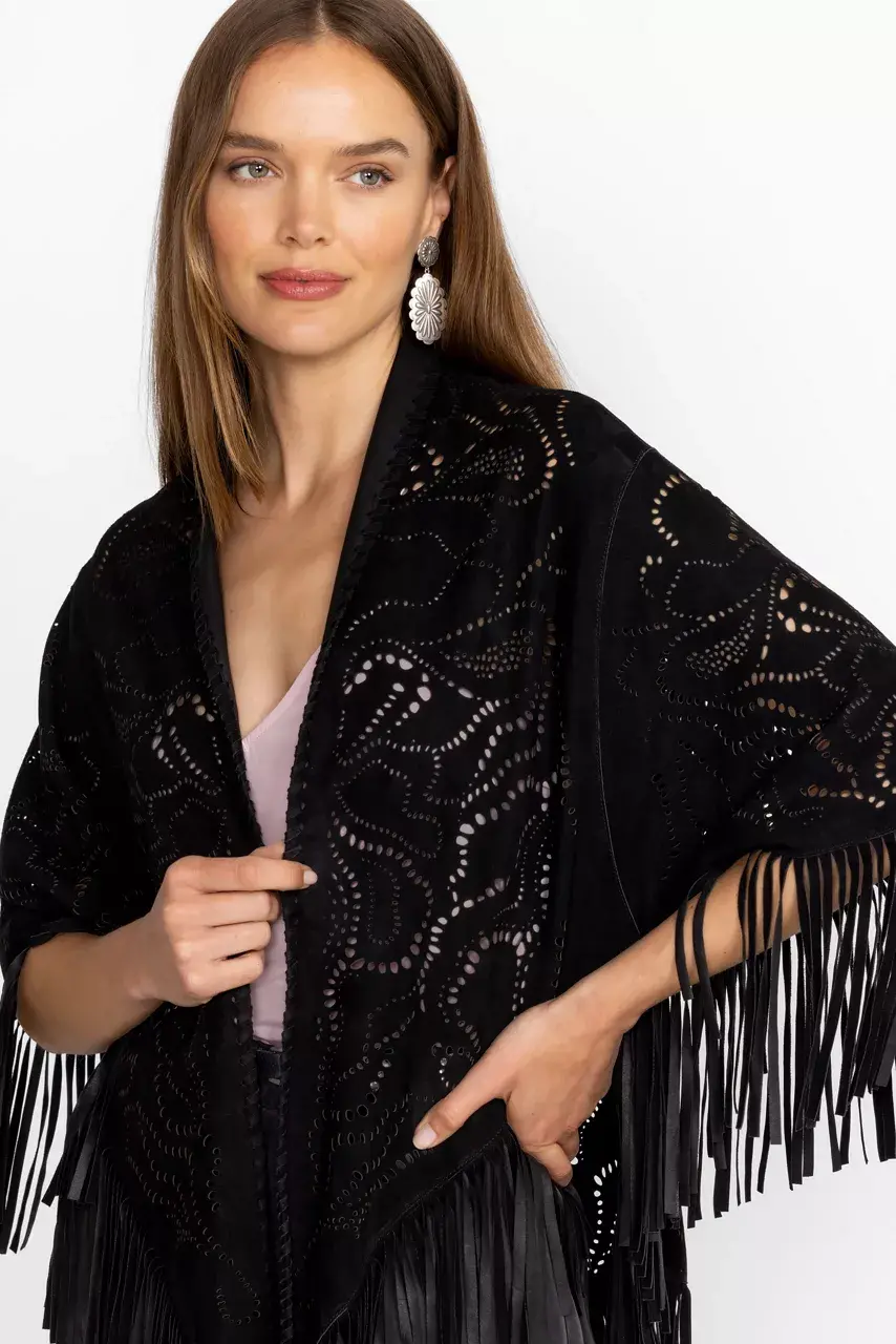 Johnny Was LASER CUT ITALIAN SUEDE PONCHO Black