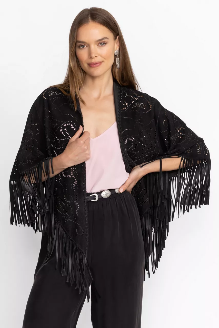johnny was LASER CUT ITALIAN SUEDE PONCHO Black