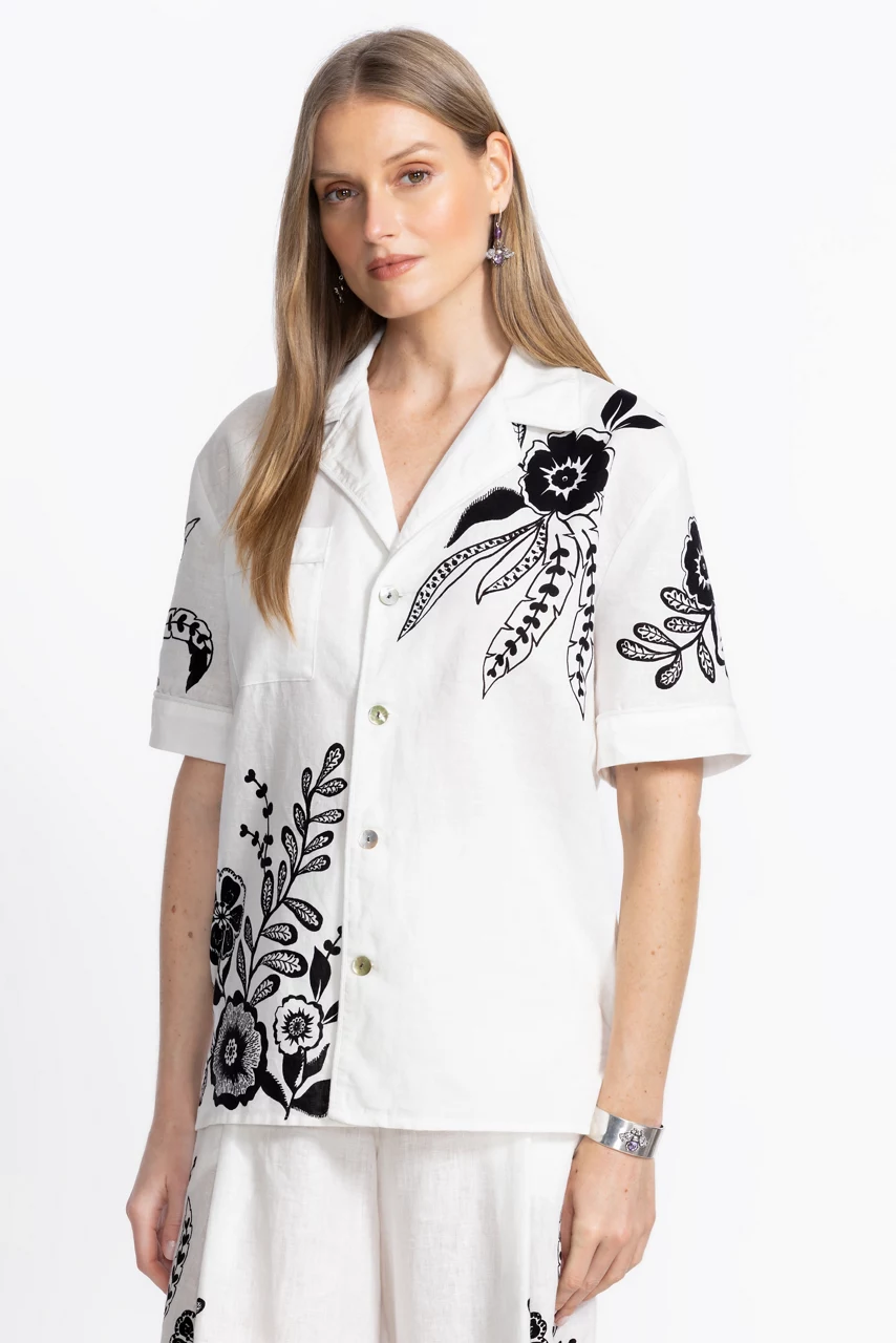 Johnny Was LINEN CAMP SHIRT White