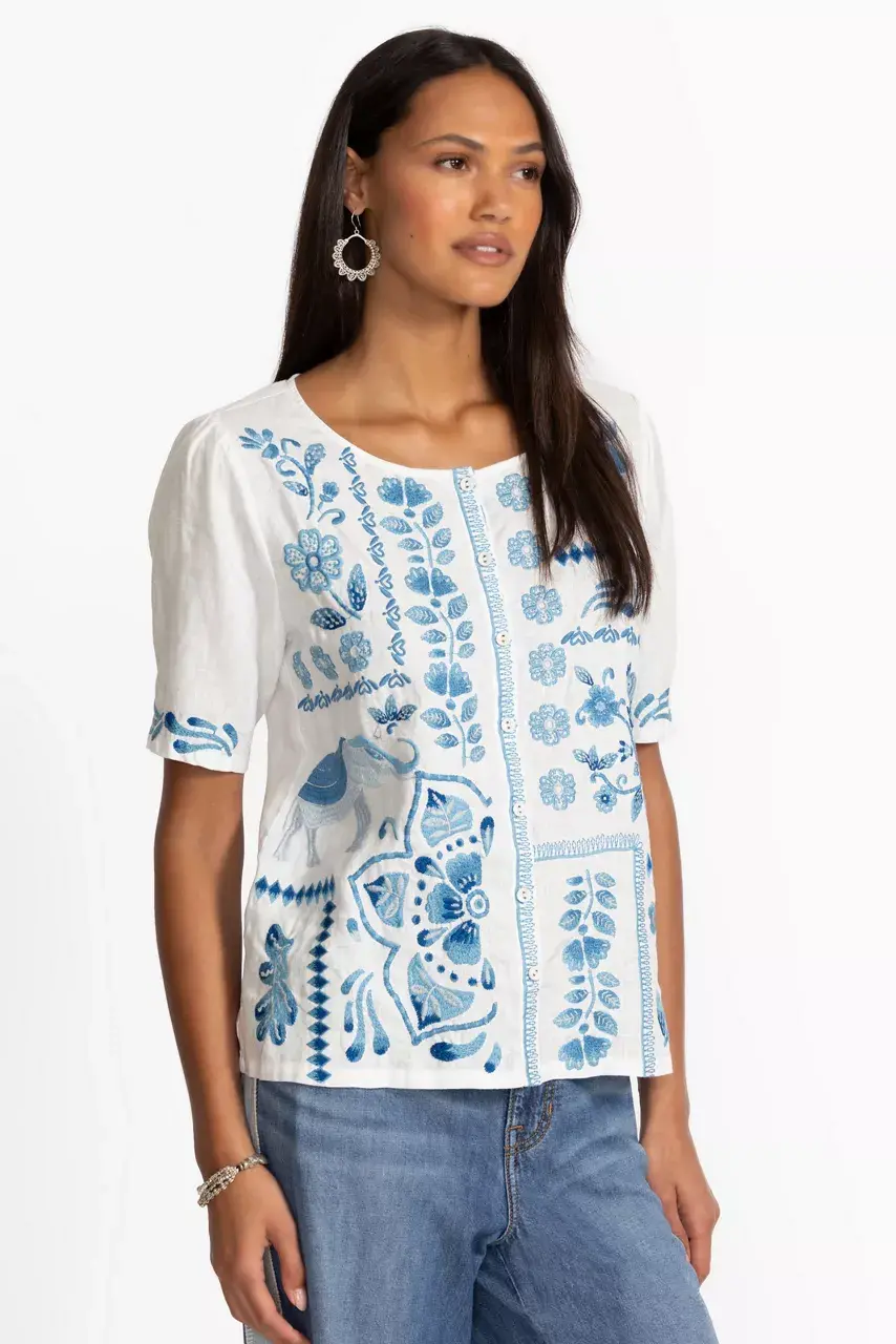 Johnny Was LINEN FLUTTER SLEEVE BLOUSE White