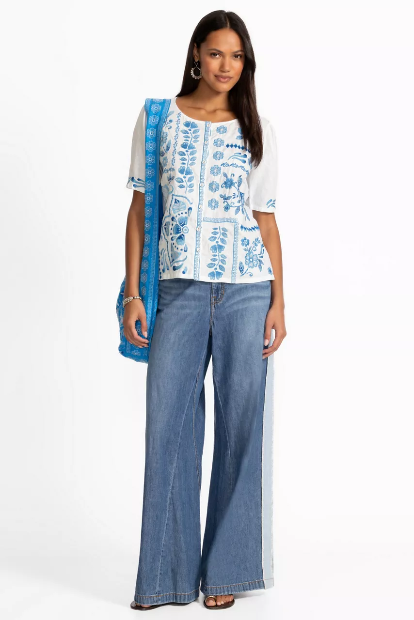 Johnny Was LINEN FLUTTER SLEEVE BLOUSE White