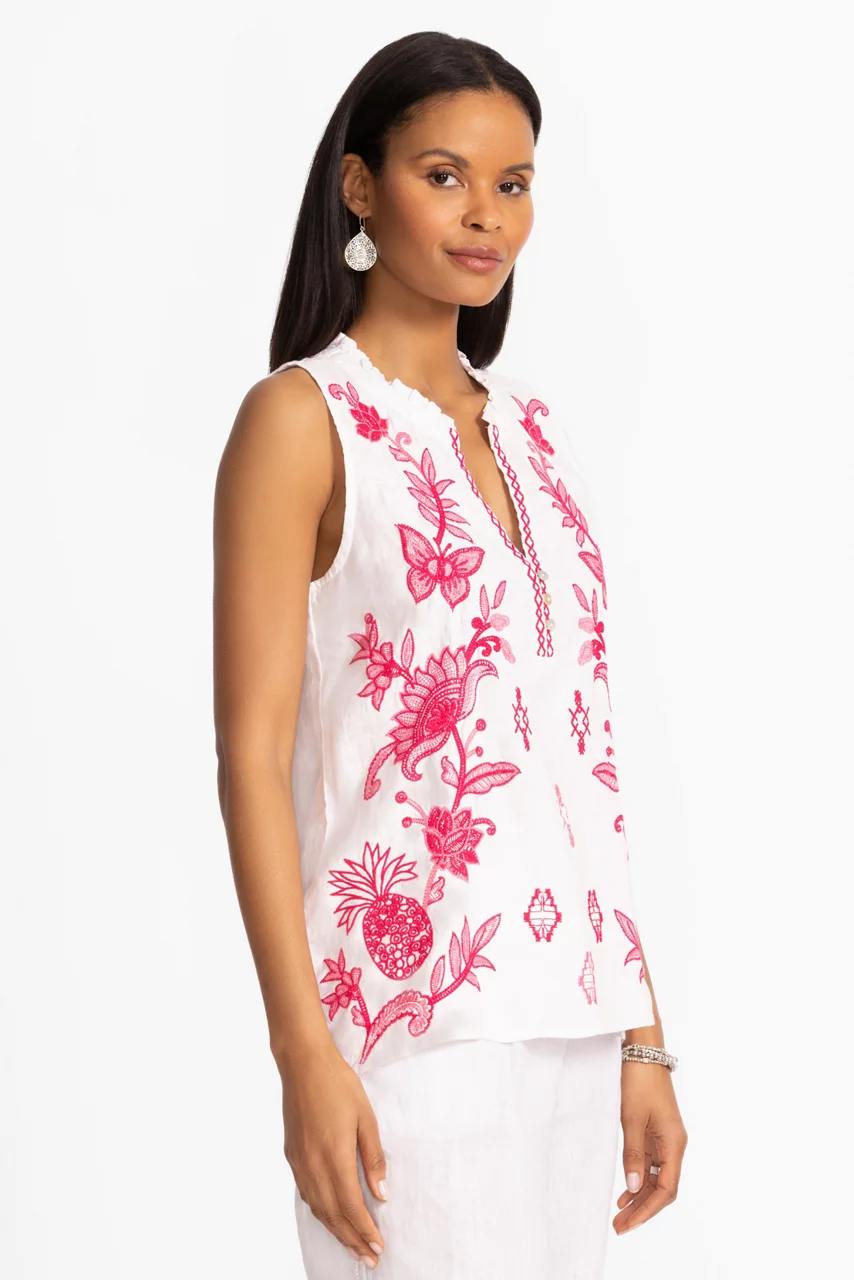 Johnny Was LINEN RUFFLE NECK TANK White