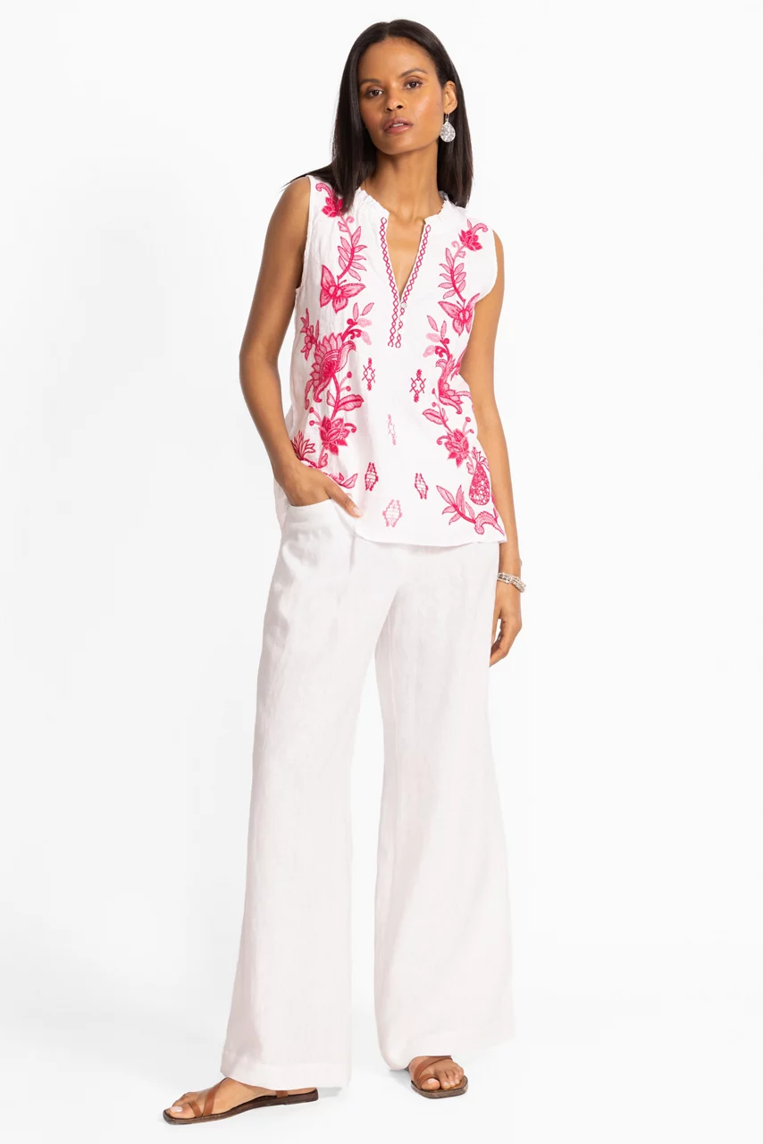 Johnny Was LINEN RUFFLE NECK TANK White