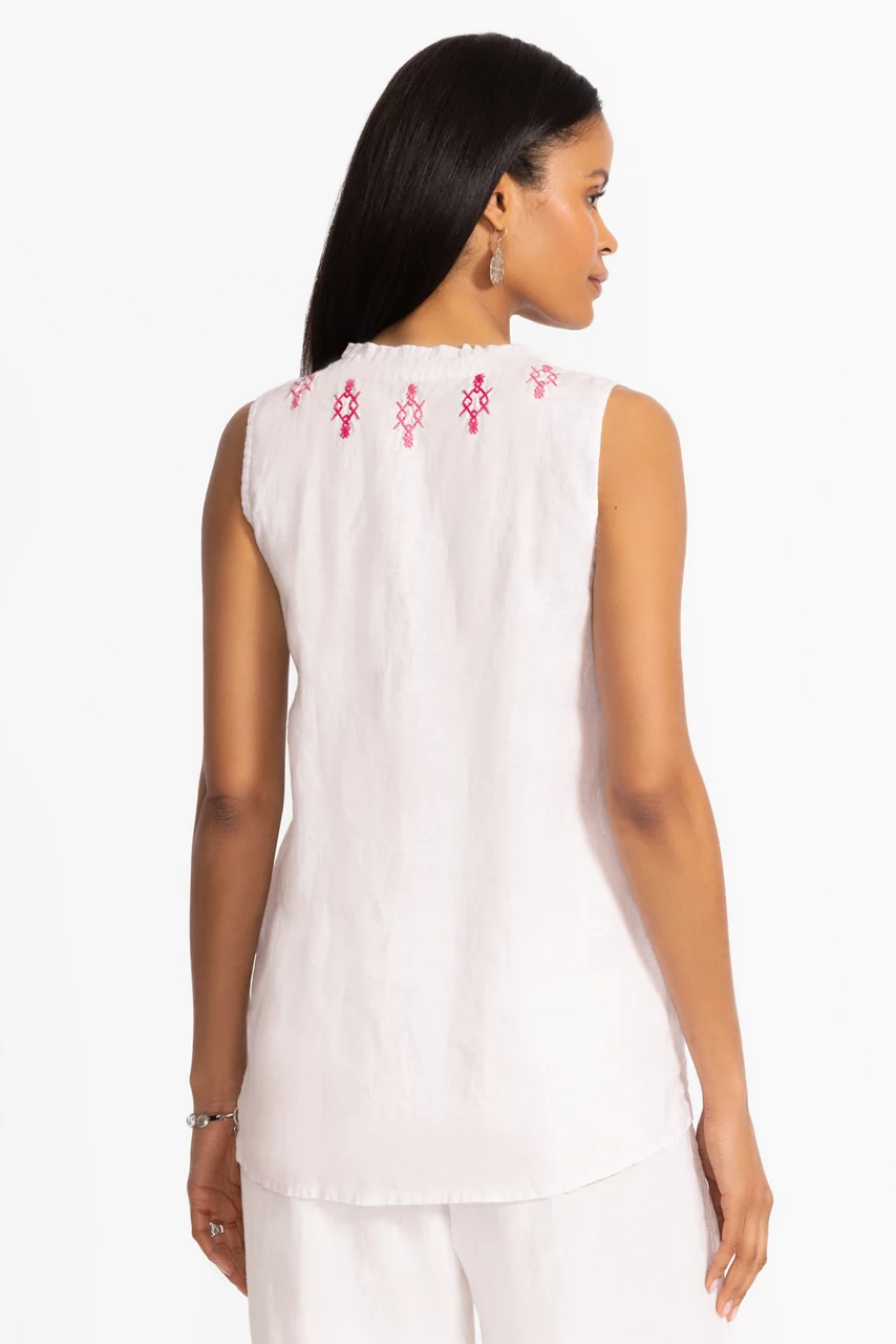 Johnny Was LINEN RUFFLE NECK TANK White