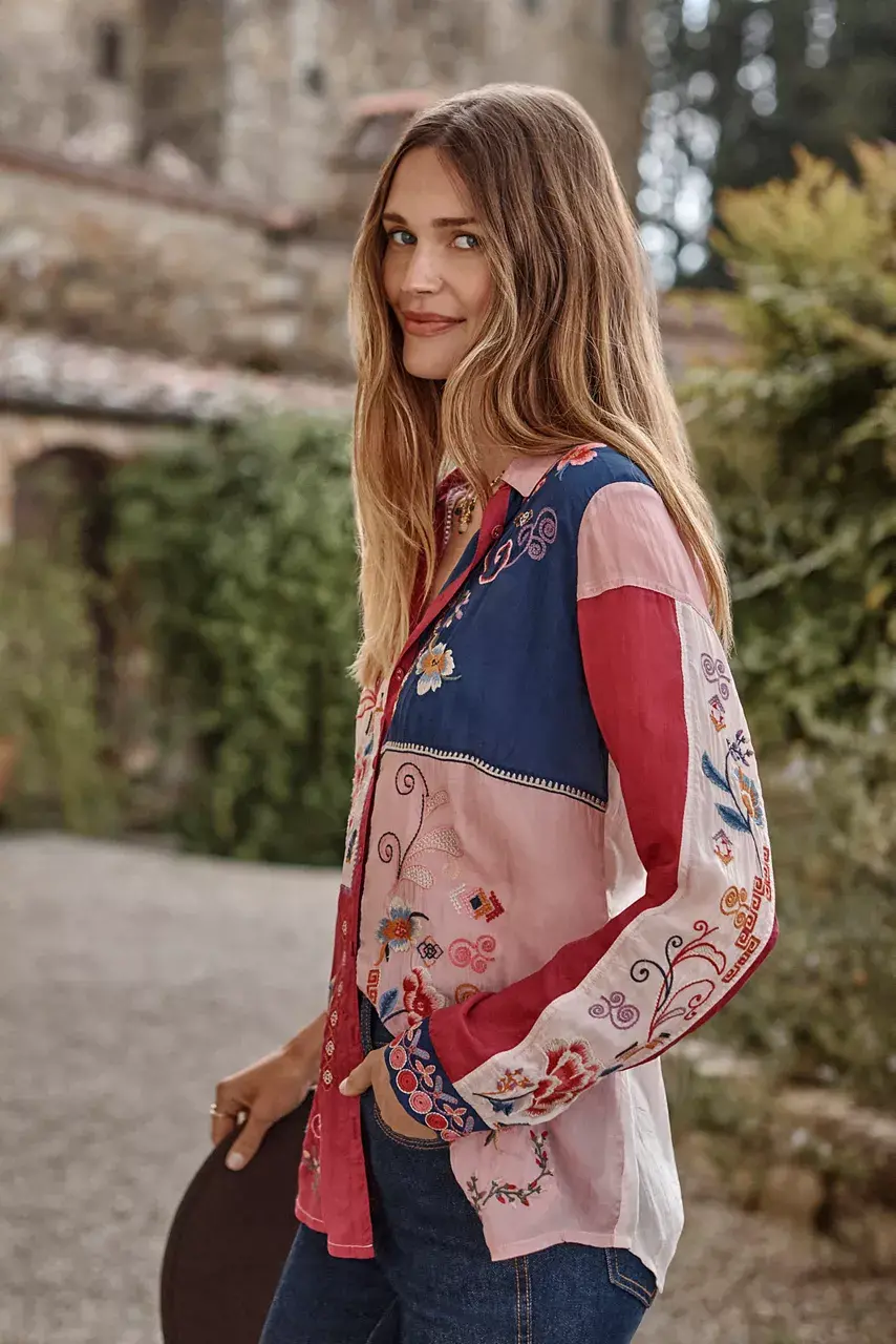 Johnny Was MARCIA COLOR BLOCK SHIRT Red Bud