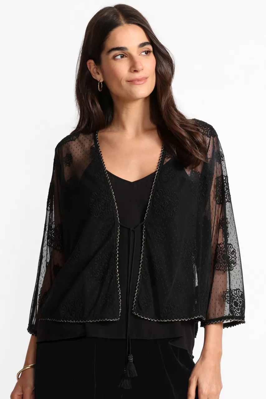 Johnny Was MERTINA EMBROIDERED MESH BOLERO Black