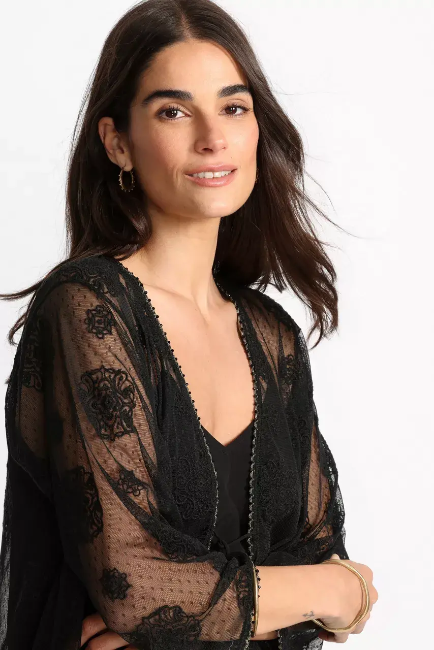 Johnny Was MERTINA EMBROIDERED MESH BOLERO Black