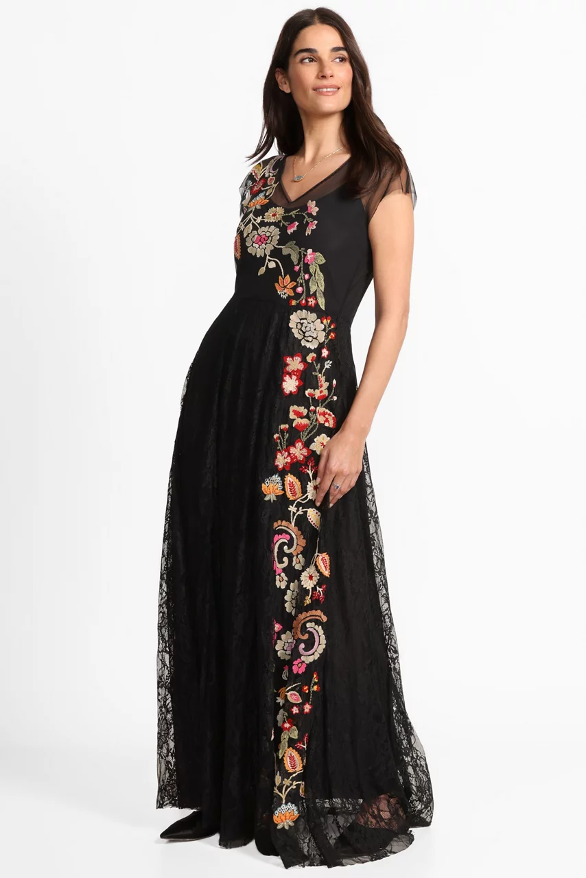 Johnny Was MERTINA EMBROIDERED MESH DRESS Black
