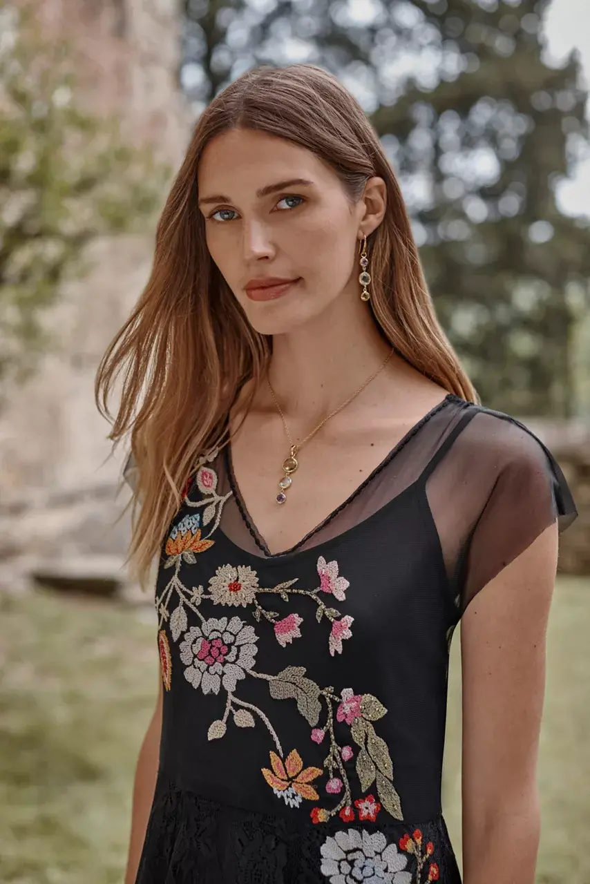 Johnny Was MERTINA EMBROIDERED MESH DRESS Black