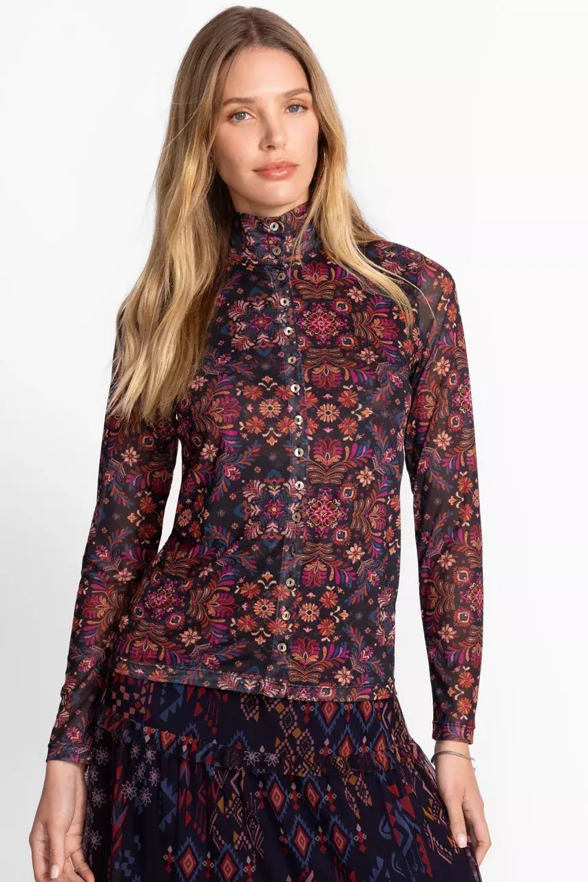 Johnny Was MESH BUTTON UP MOCK NECK Brandi