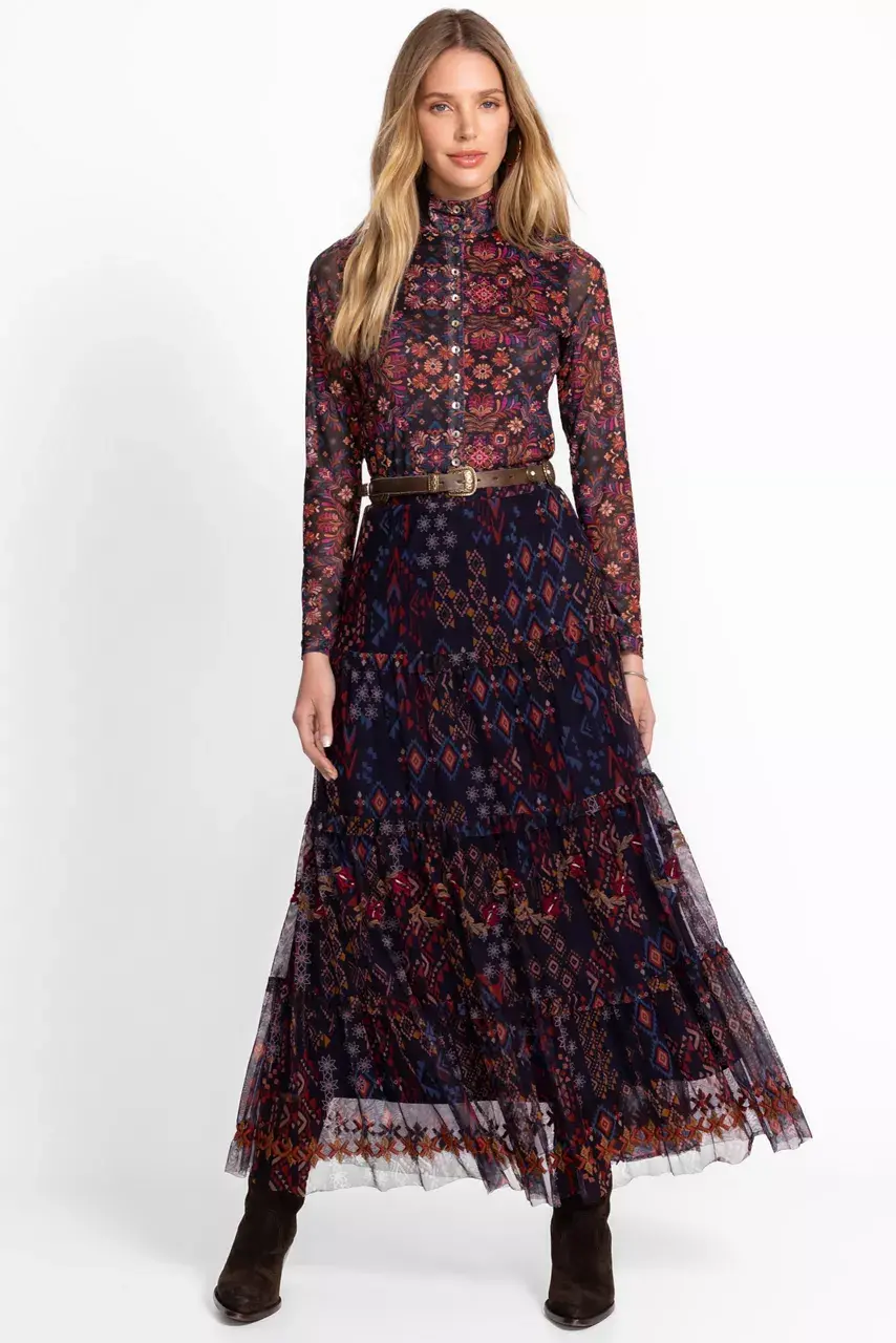 Johnny Was MESH BUTTON UP MOCK NECK Brandi