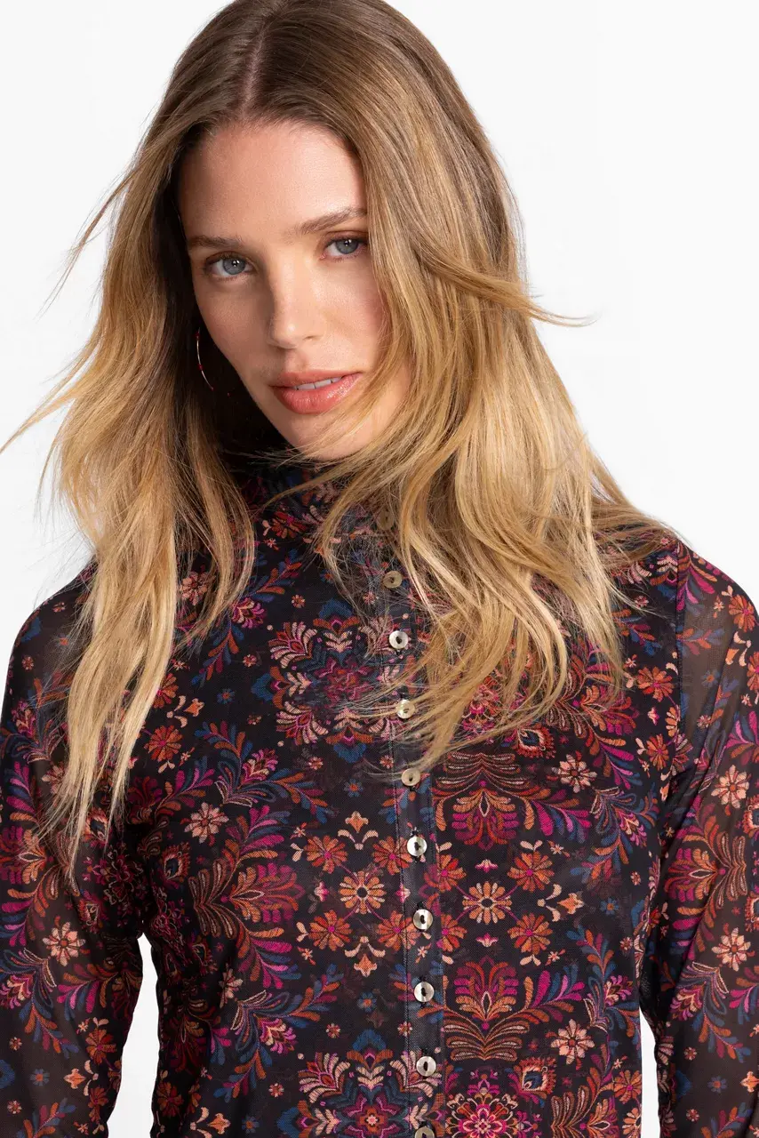 Johnny Was MESH BUTTON UP MOCK NECK Brandi