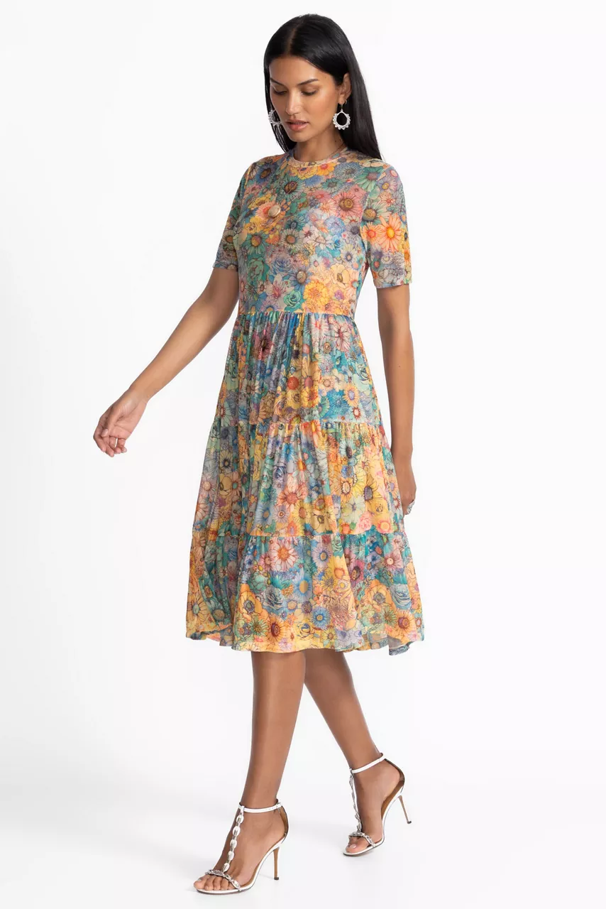 Johnny Was MESH TIERED DRESS Sage Blue