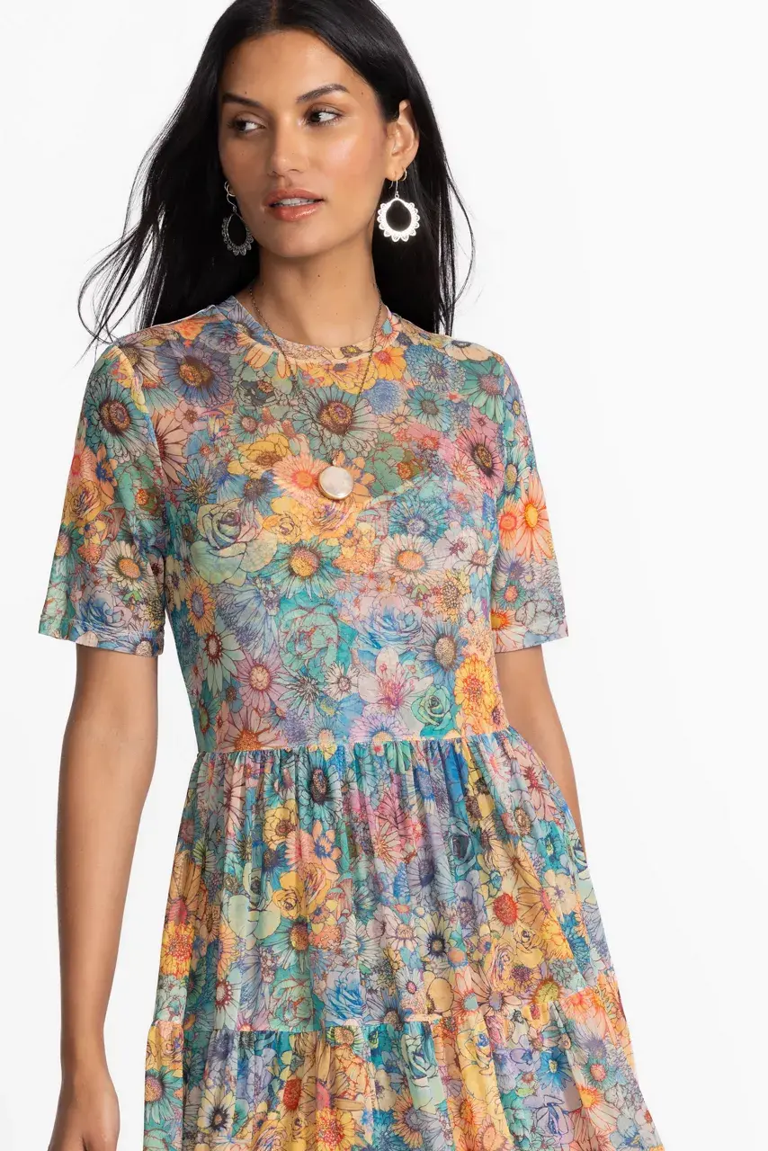 Johnny Was MESH TIERED DRESS Sage Blue