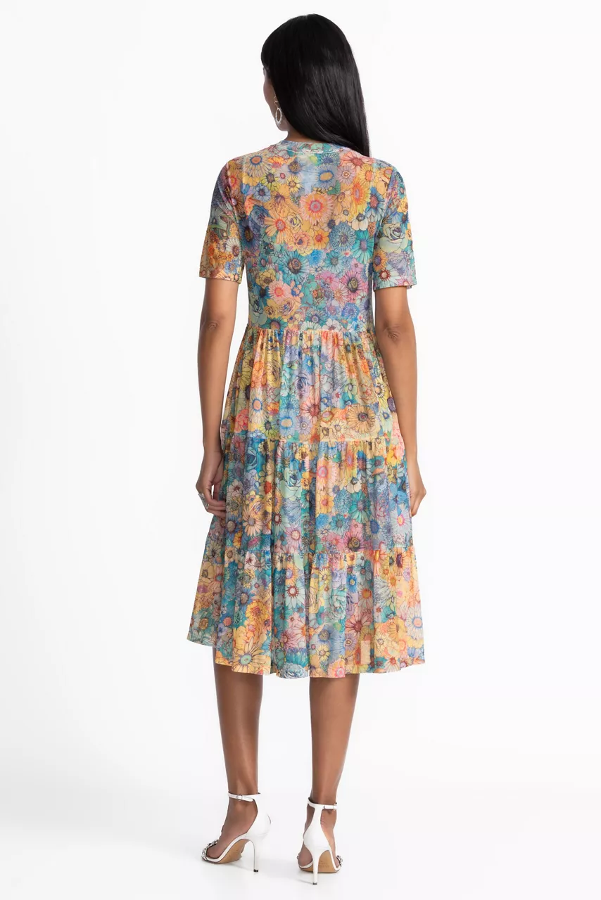 Johnny Was MESH TIERED DRESS Sage Blue