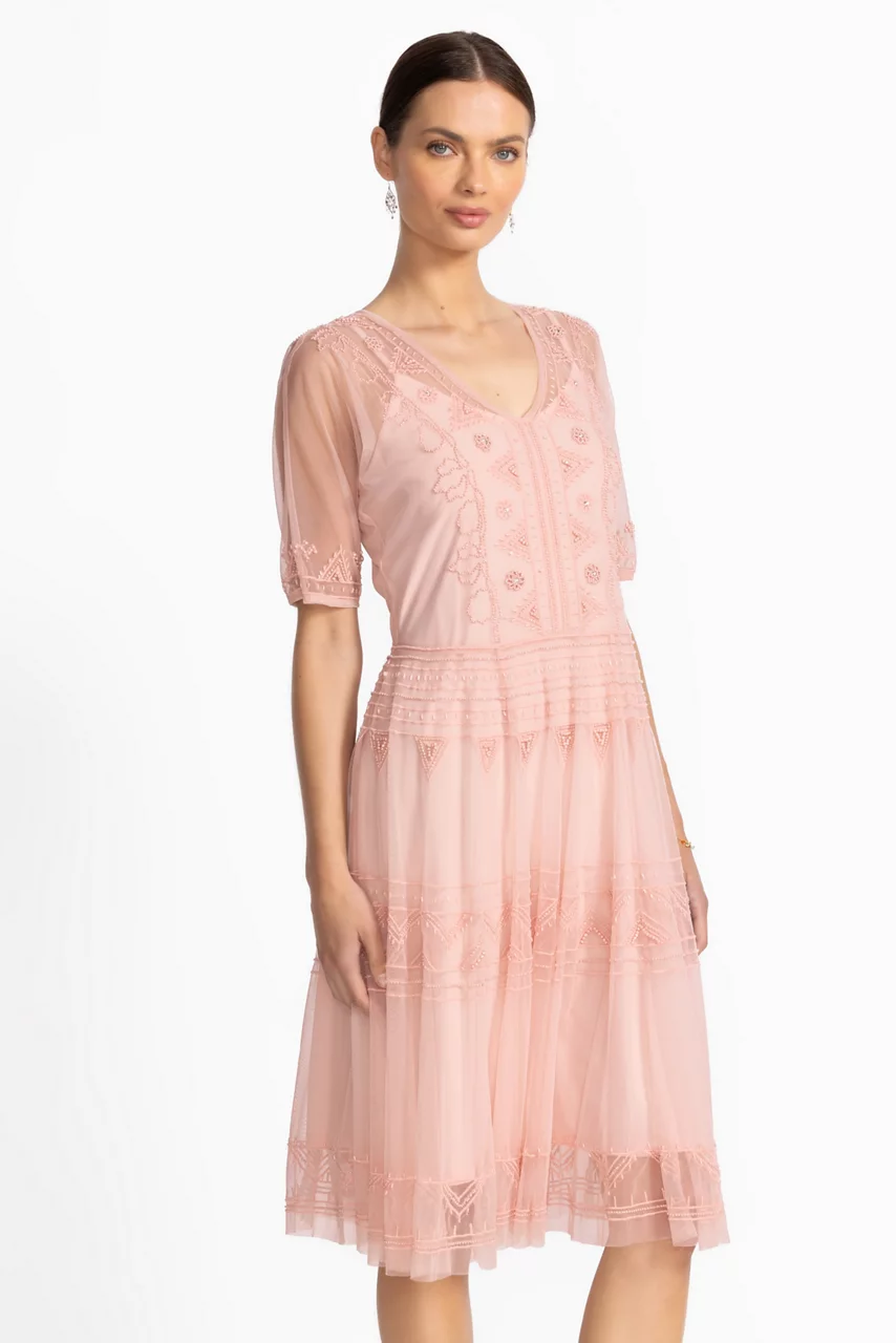 Johnny Was MEZZA BEADED MESH DRESS Veiled Rose