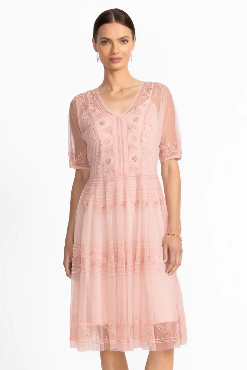 Johnny Was MEZZA BEADED MESH DRESS Veiled Rose