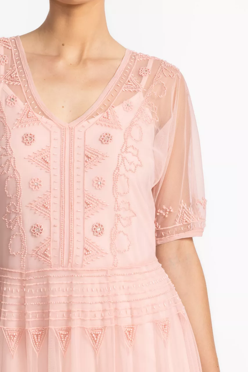 Johnny Was MEZZA BEADED MESH DRESS Veiled Rose