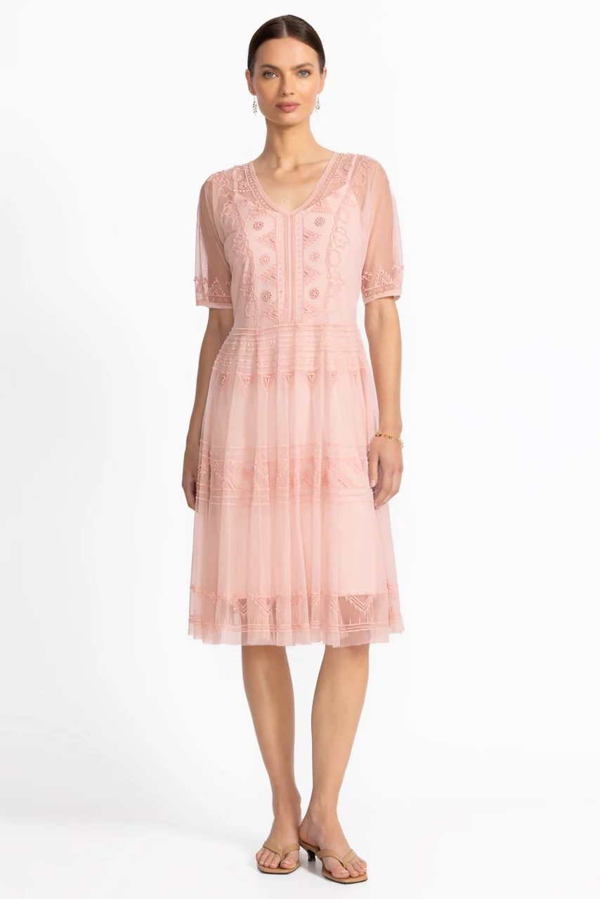 johnny was MEZZA BEADED MESH DRESS Veiled Rose