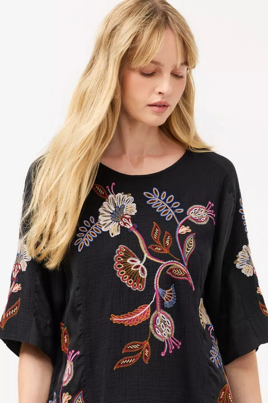 Johnny Was MIXED MEDIA DOLMAN BLOUSE Black