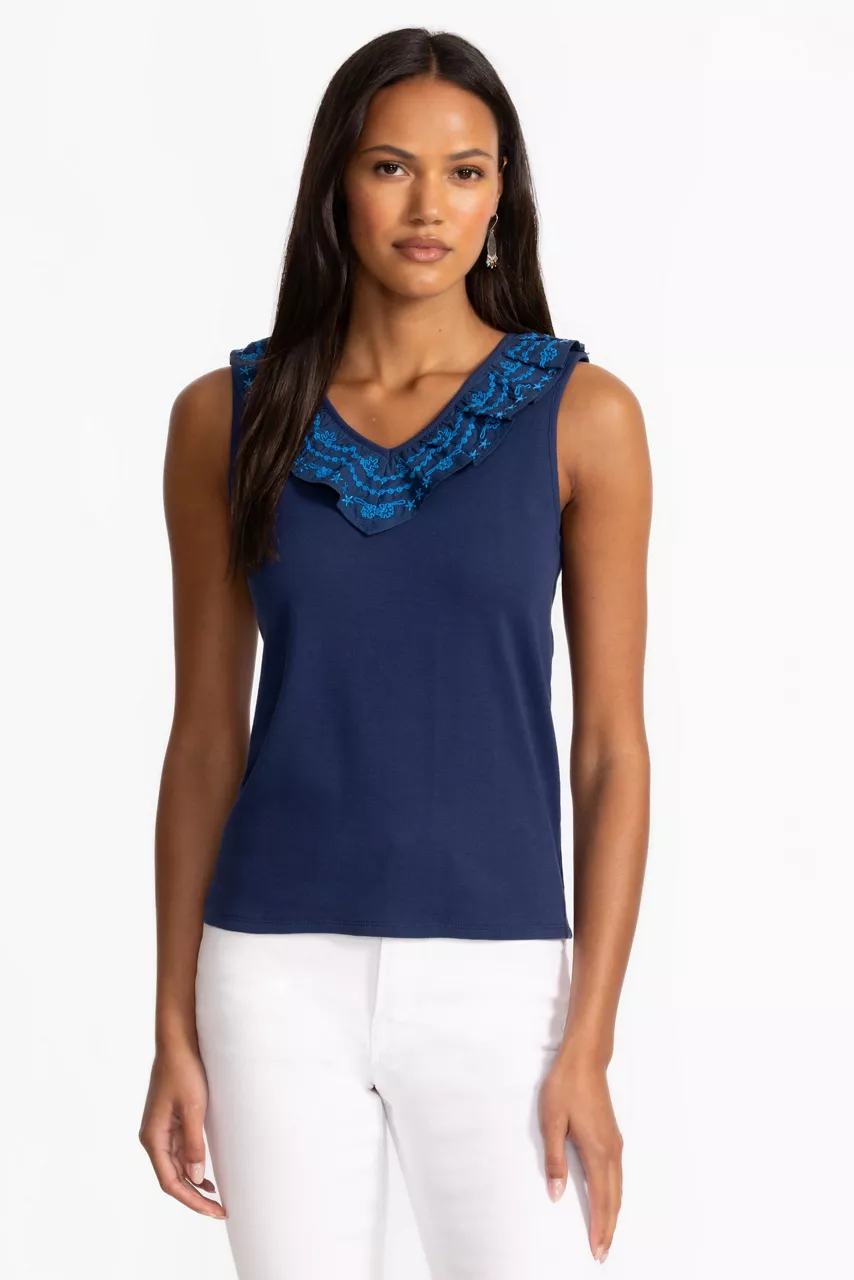 Johnny Was MIXED MEDIA FLUTTER TANK Navy