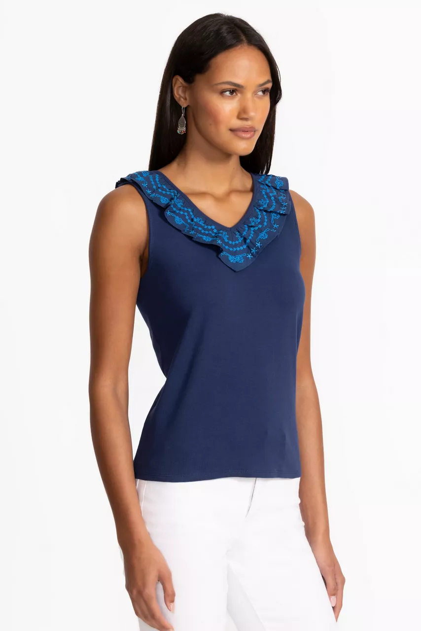 Johnny Was MIXED MEDIA FLUTTER TANK Navy