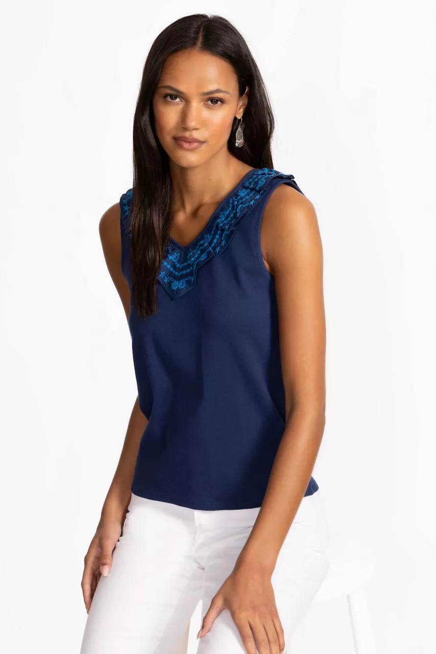 johnny was MIXED MEDIA FLUTTER TANK Navy