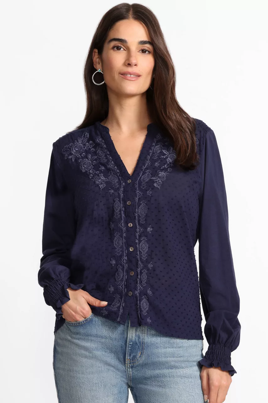 Johnny Was MIXED MEDIA HI LO SHIRT Blue Nights