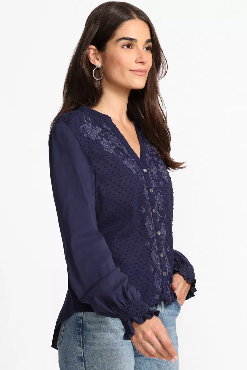 Johnny Was MIXED MEDIA HI LO SHIRT Blue Nights