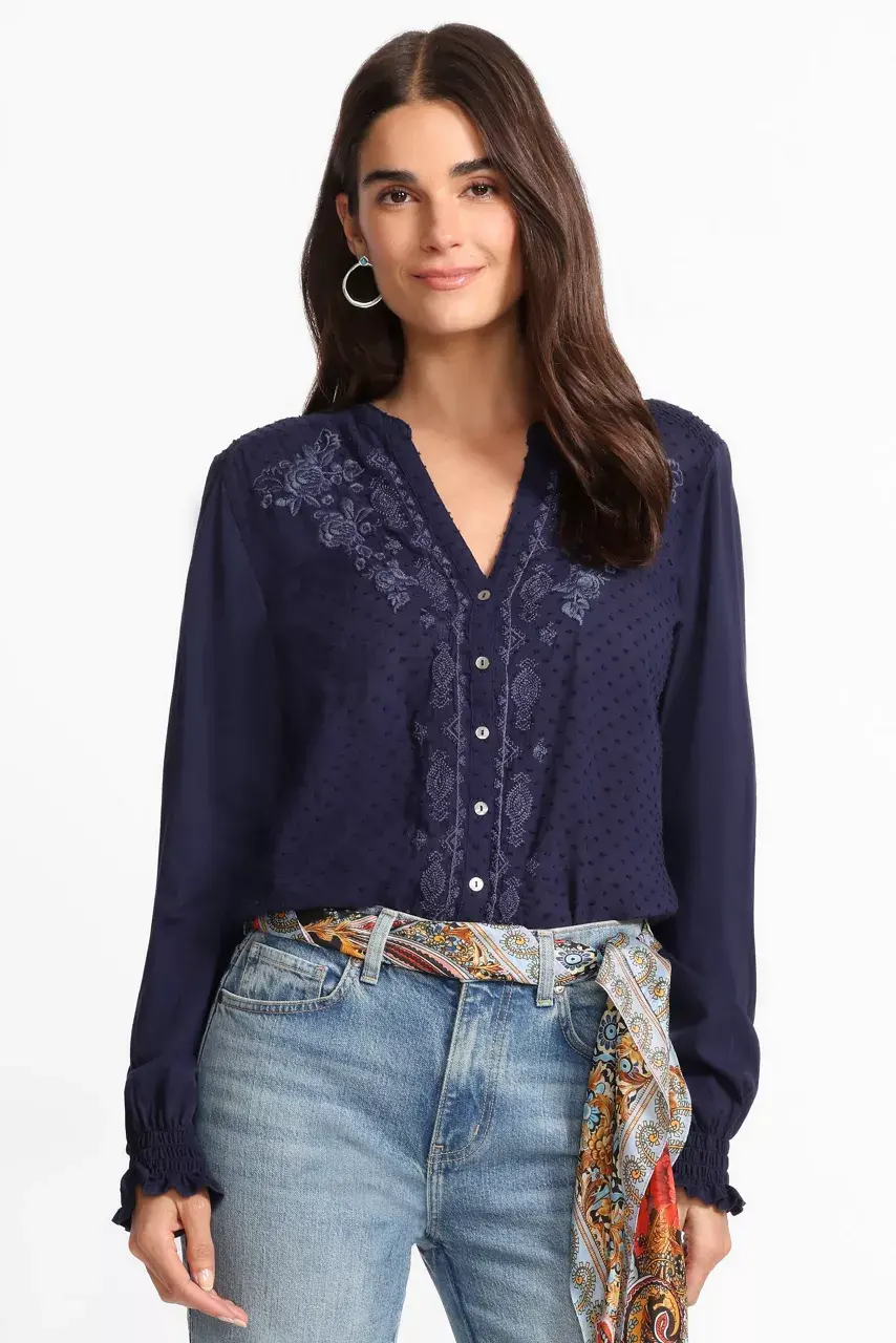 johnny was MIXED MEDIA HI LO SHIRT Blue Nights