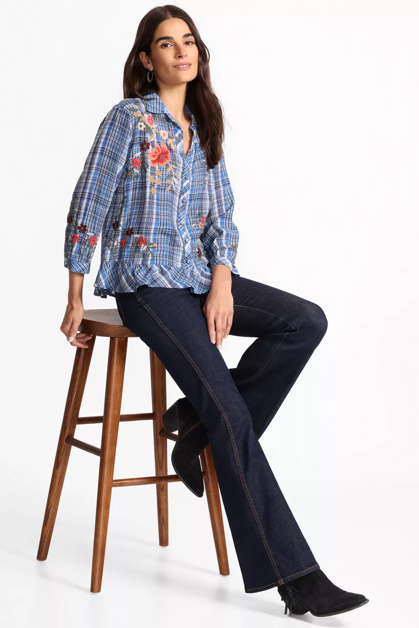 Johnny Was PEPLUM RUFFLE HEM SHIRT Diana Plaid