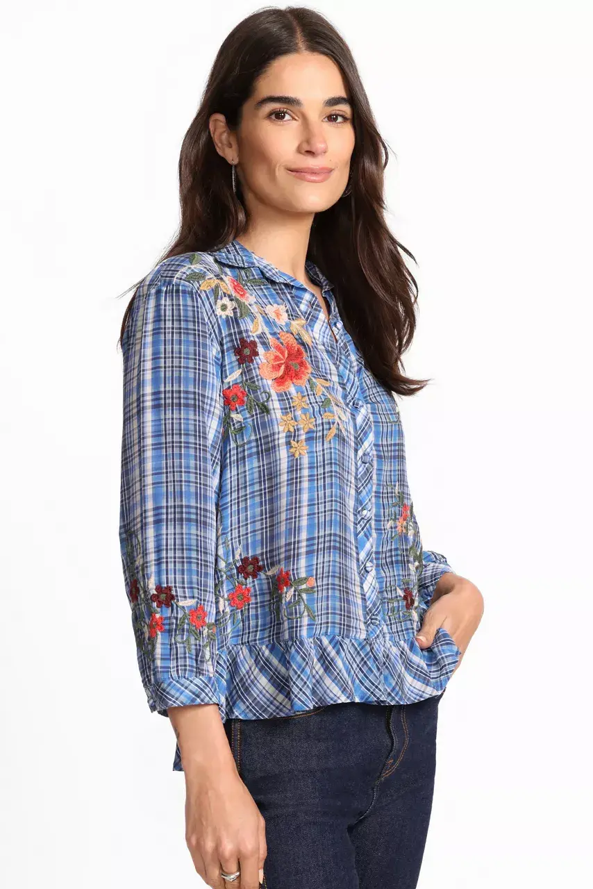 Johnny Was PEPLUM RUFFLE HEM SHIRT Diana Plaid