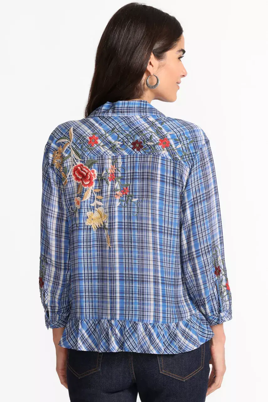 Johnny Was PEPLUM RUFFLE HEM SHIRT Diana Plaid