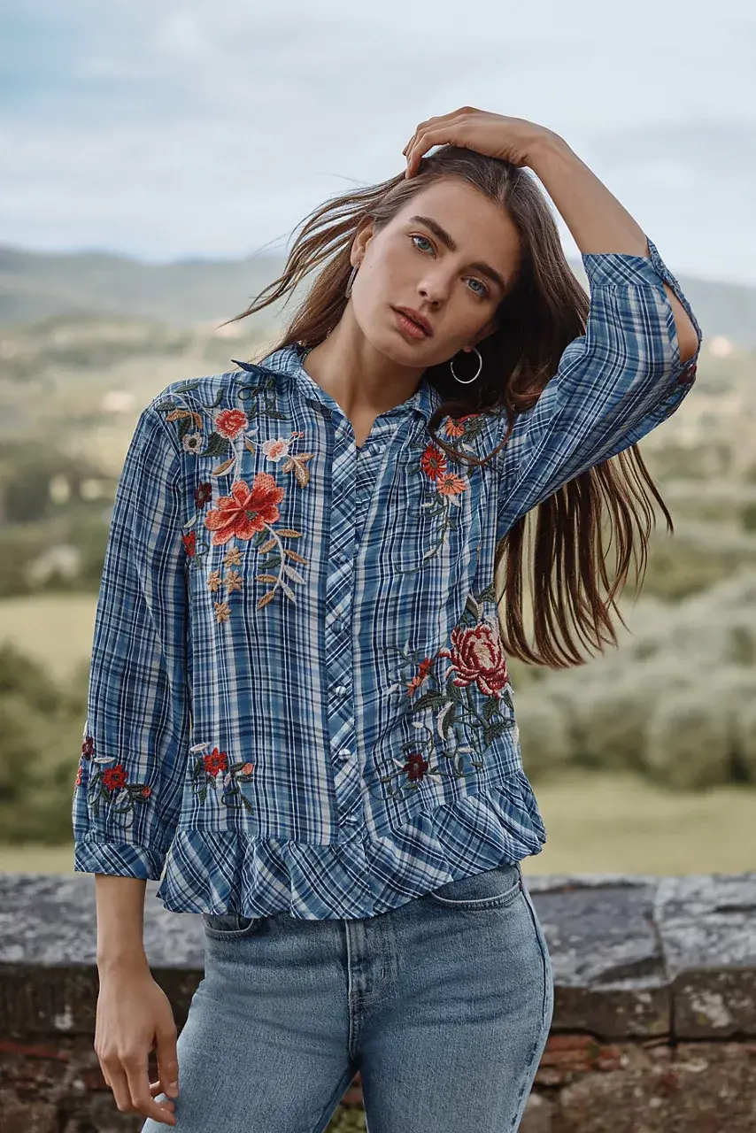 johnny was PEPLUM RUFFLE HEM SHIRT Diana Plaid
