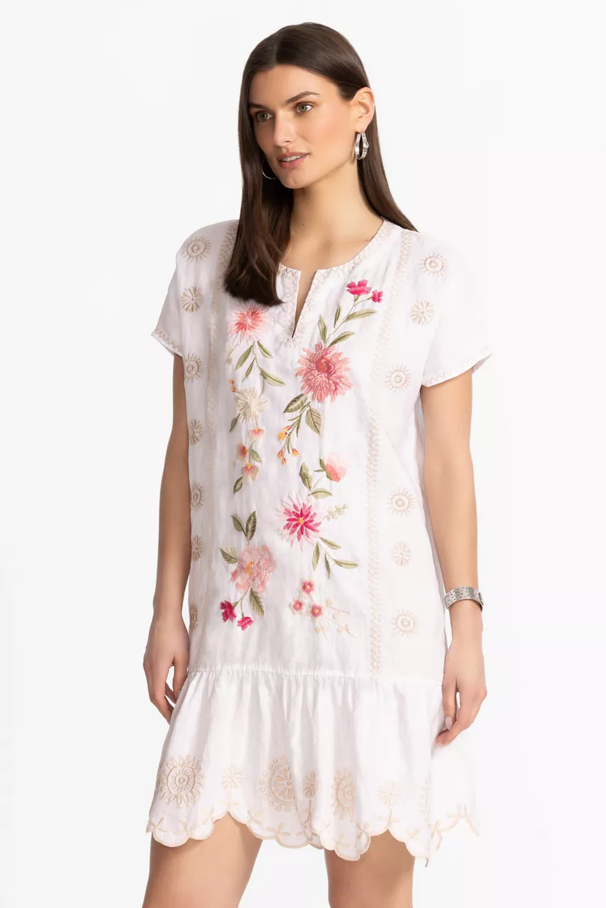Johnny Was RELAXED LINEN FLOUNCE DRESS White