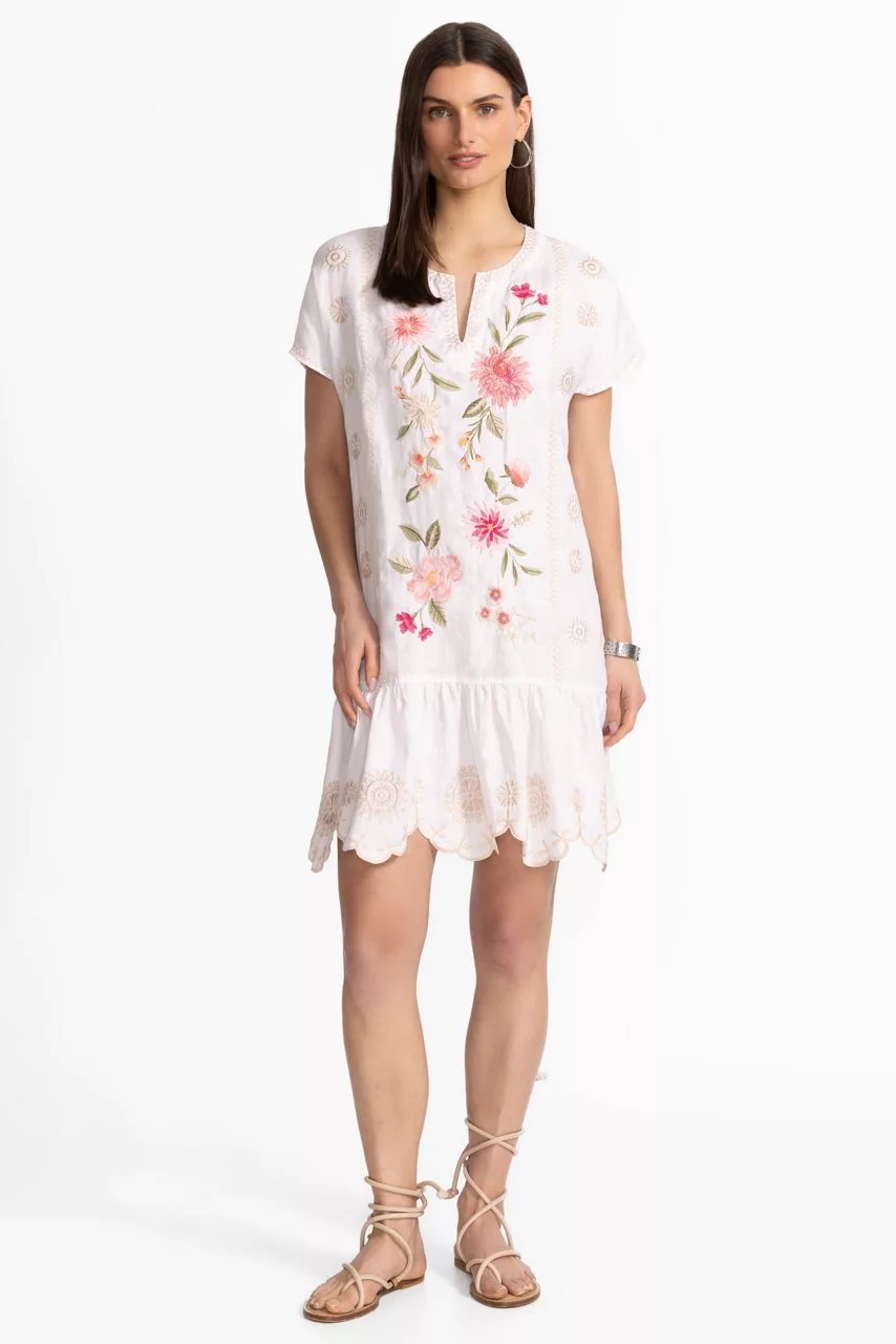 Johnny Was RELAXED LINEN FLOUNCE DRESS White