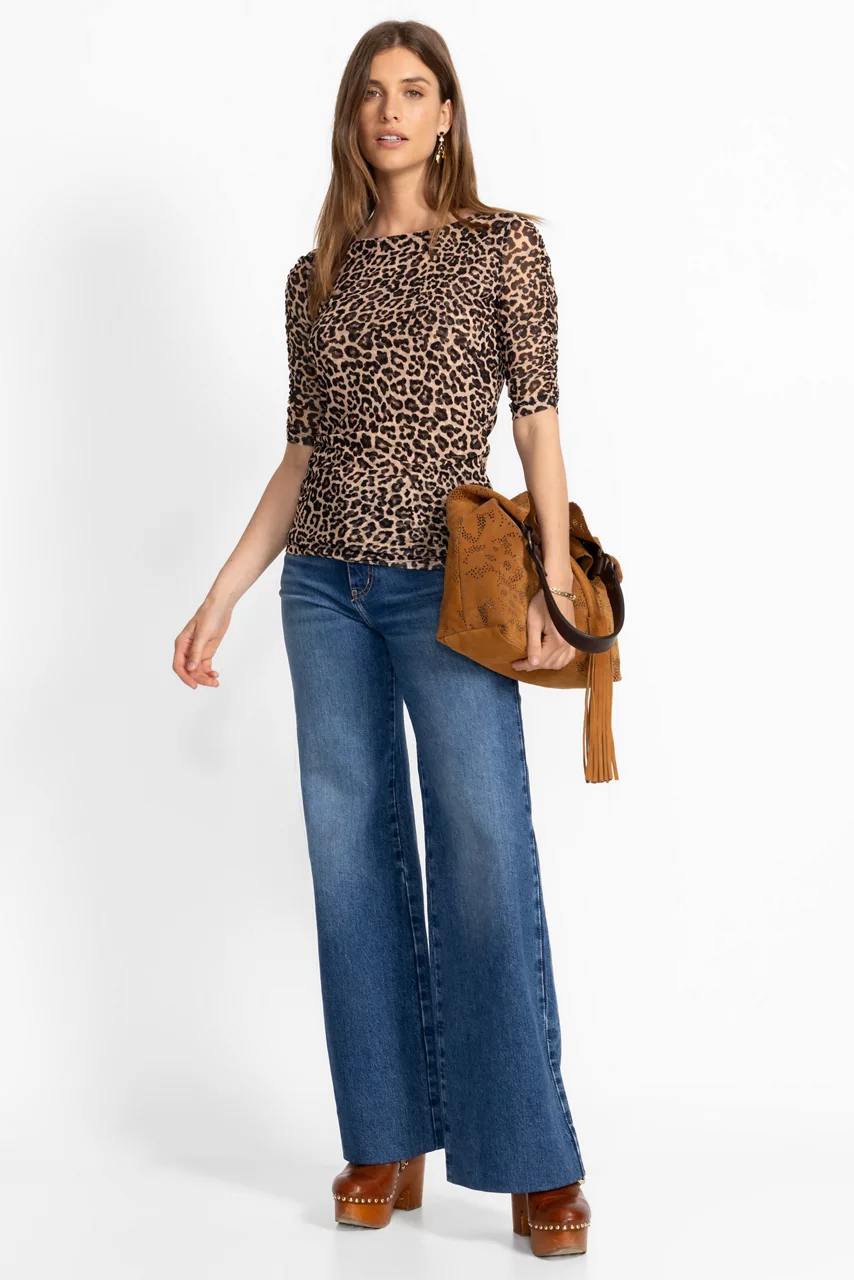Johnny Was RUCHED SLEEVE MESH TOP Chestnut Leopard